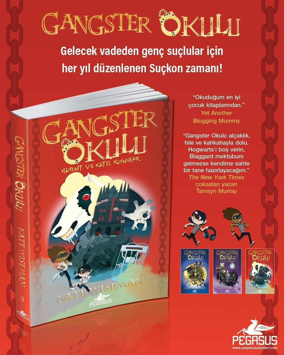 PegasusYayinevi's tweet photo. 🆕🚨 📘 YENİ KİTAP: GANGSTER OKULU: HAYDUT VE KATİL KOYUNLAR - GANGSTER OKULU 3. KİTAP & KATE WISEMAN 

Gelecek vadeden genç suçlular için her yıl düzenlenen Suçkon zamanı!

Suçkon bu yıl Blaggard’ın azılı rakibi Crumley’de düzenlenmektedir. Fakat Charlie’nin sadık ve pis kokulu köpeği Haydut onları takip etmiştir ve şimdi Milly ve Charlie’nin onu korumaları gerekmektedir. Bu sırada Crumley’nin şeytani Başöğretmen’i Dr. B. L. Zeebub’dan uzak durmayı başarabilecekler midir? Zeebub’ın okulun bodrumunda sakladığı gizli makine ne işe yaramaktadır? Crumleyli olmasına rağmen fazla dost canlısı olan Trickery Hackett’ın amacı nedir? Hayvanlardan nefret eden Zeebub kampüste neden bir koyun sürüsü tutmaktadır? Ve koyunlar ne zamandan beri ETOBURDUR? 
Milly ve Charlie, Blaggard’ın itibarını kurtarmak ve Haydut’u katil koyunlardan korumak için tüm yeteneklerini kullanmak zorundadır.

“Gangster Okulu ÇOK KOMİK!” 
First News

“Okuduğum en iyi çocuk kitaplarından.” 
Yet Another Blogging Mummy

“Gangster Okulu alçaklık, hile ve kahkahayla dolu. Hogwarts’ı boş verin, Blaggard mektubum gelmezse kendime sahte bir tane hazırlayacağım.” 
Tamsyn Murray

KATE WISEMAN Oxford, İngiltere’de büyümüş ve sonunda eşi, oğlu ve kedileriyle Saffron Walden, Essex’e taşınmadan önce pek çok farklı ve ilgi çekici yerde yaşamıştır. Okullarda, kütüphanelerde çalışmıştır ve çok yoğun olduğundan ya da korktuğundan, üniversiteye oldukça geç gitmiştir. Bir hayvansever ve vejetaryendir. 

Özgün Adı: Gangster School: Gruffles and the Killer Sheep (Book 3)
Çevirmen: Sevinç Seyla Tezcan
Sayfa Sayısı: 208
📅 Satış Tarihi: 24 Aralık
Kitabı İncelemek Ve Satın Almak İçin: https://t.co/QpXSyo98mU 

#GangsterOkulu #HaydutVeKatilKoyunlar #KateWiseman #GangsterOkulu3 #GangsterOkuluSerisi #ÇocukKitabı #AksiyonVeMizah #RakipOkul #ZekiKahramanlar #OkuldaKaos #DostlukVeCesaret #HogwartsHavası #GençOkurlar #PegasusYayınları