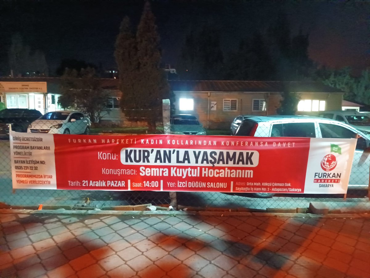 SAKARYA KONFERANS COŞKUSUNA HAZIRLANIYOR! ✨

21 Aralık'ta Semra Kuytul Hocahanım'ın şehrimizde gerçekleştireceği "Kur'an'la Yaşamak" Konulu konferansımızın davet brandalarını astık. 

- Tüm bayan kardeşlerimiz davetlidir.. 

AlparslanHoca AnkarayaGeliyor
#Sakarya