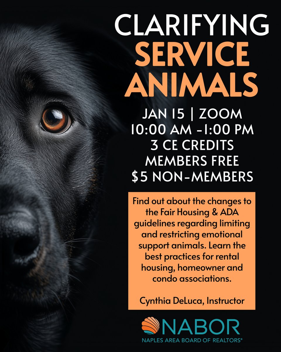 Clarifying Service Animals — What Every REALTOR® Needs to Know 🐾

Join us on January 15 for a comprehensive Zoom course that breaks down the newest Fair Housing and ADA updates regarding service animals and emotional support animals.