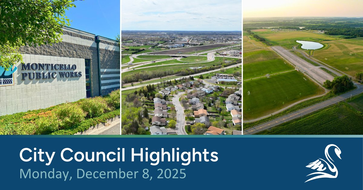 Did you miss the City Council meeting last week? Here are the highlights: MonticelloMN.gov/Blog.aspx?IID=…

💻Stream Online: monticello.viebit.com/watch?hash=OZR…
📺Watch it on cable: MonticelloMN.gov/301
🗒️Read the Agenda/Minutes: MonticelloMN.gov/AgendaCenter