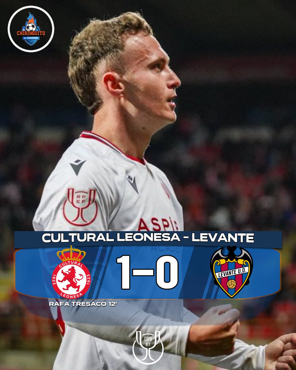 elchiringuitotv's tweet photo. ⏱️ ¡FINAAAL en el Reino de León! ¡'La Cultu' pasa a la siguiente ronda tras eliminar a un primera! #CopaDelRey 

👉 @CyDLeonesa 1 - 0 @LevanteUD | 90' https://t.co/S4J4hDyQxl