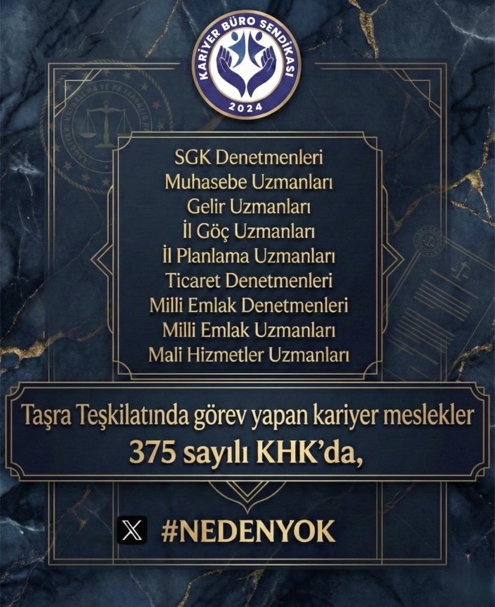 <a href="/sgdenetmenleri/">Sosyal Güvenlik Denetmenleri</a> <a href="/RTErdogan/">Recep Tayyip Erdoğan</a> <a href="/_cevdetyilmaz/">Cevdet Yılmaz</a> <a href="/mustafaelitas/">Mustafa Elitaş</a> <a href="/memetsimsek/">Mehmet Simsek</a> <a href="/mehmedmus/">Dr. Mehmet Muş</a> <a href="/resulkurt34/">Doç. Dr. Resul Kurt</a> <a href="/ahmetkilic16/">Ahmet KILIÇ</a> <a href="/55erhanusta/">Dr. Erhan Usta</a> <a href="/MKalayci42/">Mustafa Kalaycı</a> Kariyer meslekler 657 sayılı kanunda sayılmıştır. 

SGK Denetmenleri de bu kanunda kariyer meslektir, büro personeli değildir. 

Kariyer yollarla istihdam edilir.

Özlük hakları da diğer kariyer meslekler gibi 375 sayılı KHK'da düzenlenmelidir.

Kariyer mesleklerdeki özlük