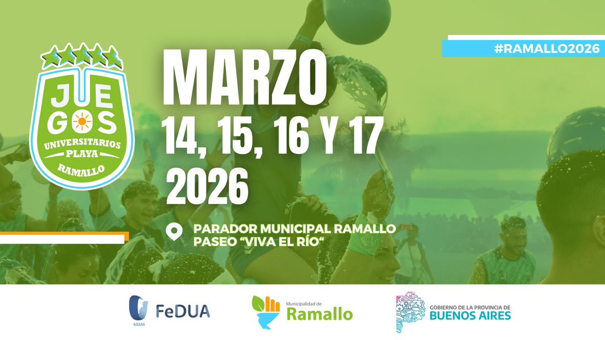 FeDUArgentina's tweet photo. Sede y fecha confirmada para la 4ª edición los Juegos Universitarios de Playa 🏖️🤩🔥

Del 14 al 17 de marzo 🗓️ el Parador Municipal de la ciudad de Ramallo albergará los #JUPLA2026 🔜 organizados por FeDUA en conjunto con la @Muni_Ramallo y @DeportesPBA 

https://t.co/1qcmNER5LO https://t.co/ddID4iirCX