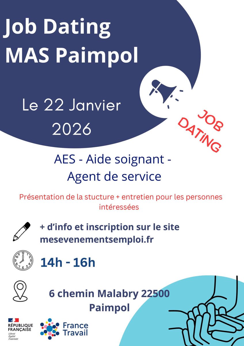 📢 Job Dating  MAS de Paimpol  Accompagnants Éducatifs et Sociaux , des Aides-Soignants et un Agent de Service .22 janvier 2026 14h à 16h MAS de Paimpol
• Entretiens individuels
mesevenementsemploi.francetravail.fr/mes-evenements…