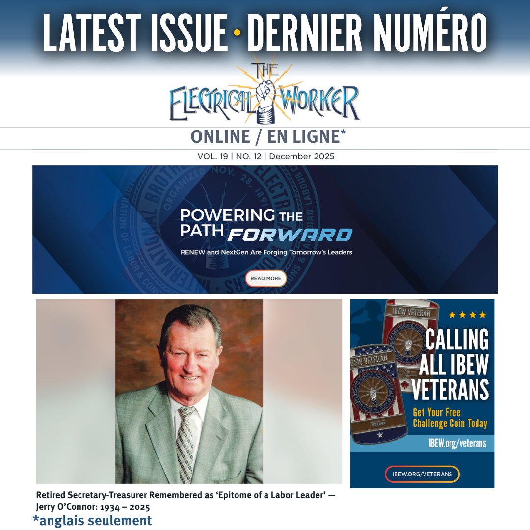 IBEWCanada's tweet photo. The December issue of ⚡️The Electrical Worker⚡️ Online is live. 

Read more ➡️ https://t.co/PuyHUidwLu 
_________

Le numéro du mois de décembre du ⚡️The Electrical Worker⚡️ en ligne est publié. 

Lire davantage ➡️ https://t.co/PuyHUidwLu (anglais) https://t.co/Nf6Rcj80Yh
