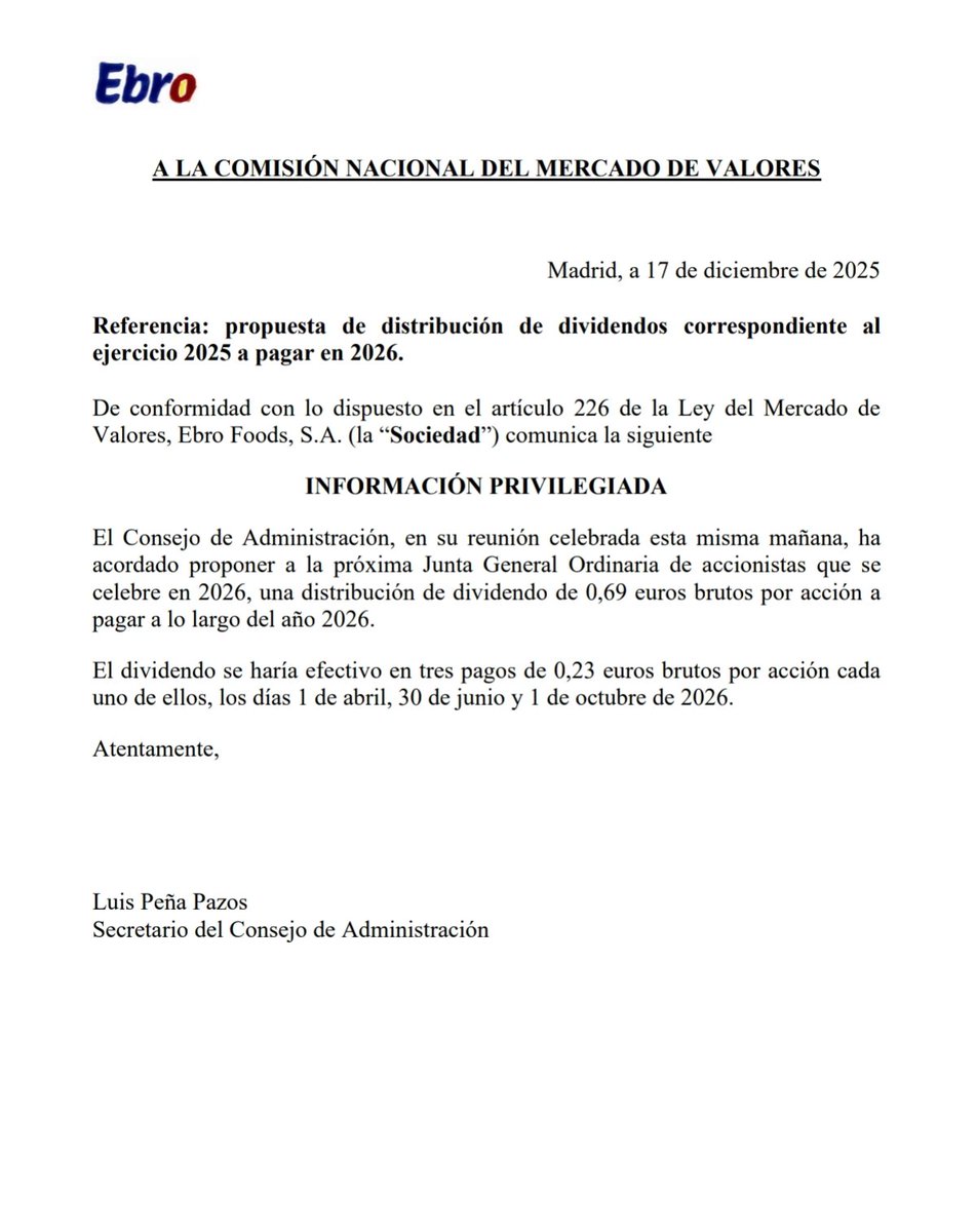 IbexStreet's tweet image. $EBRO #Foods 🇪🇸 congela el #Dividendo para 2026