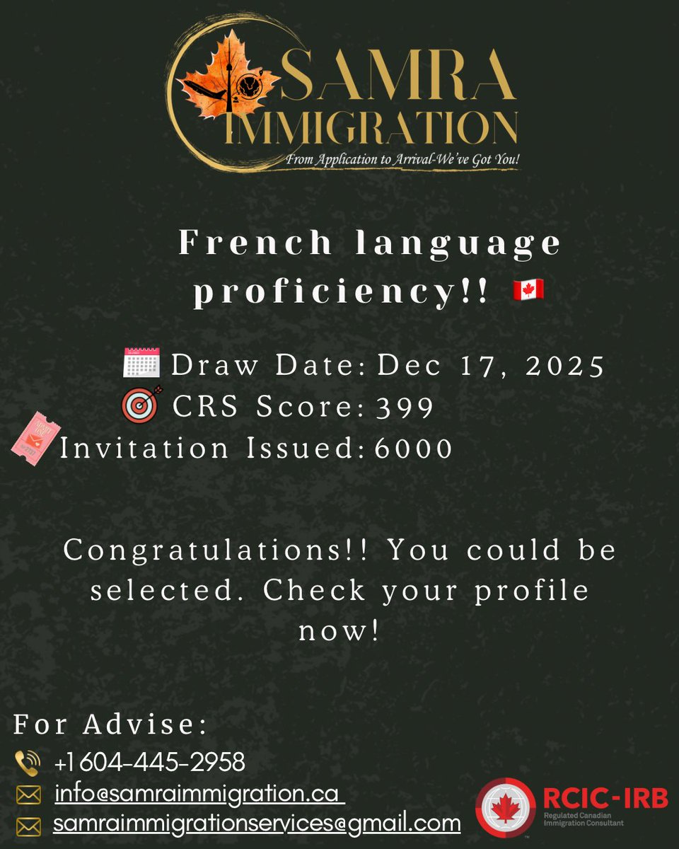 ManvinderSamra's tweet photo. Another low score for French Speakers - French Speakers Have a Clear Path to Canada PR!

Message us to get started!

Samra Immigration Services 
Manvinder Samra, RCIC-IRB
📧: info@samraimmigration.ca
☎️: 604-445-2958
#CanadaPR #FrenchLanguage #ExpressEntry #CRSScore https://t.co/PH4dzfL7pF