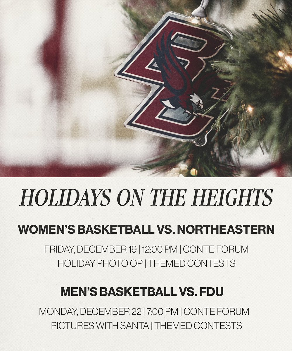 Holidays on the Heights!

Celebrate the Holidays at Conte Forum with holiday photo ops, and themed contests at upcoming Men's and Women's Basketball games!

Tickets ➡️ bit.ly/3Y1dxL9