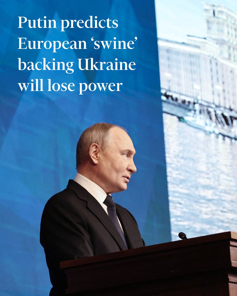 FT's tweet image. Vladimir Putin said Russia would not back down from its mission to 'liberate its historic lands' and predicted the European backing of Kyiv would ultimately lose power. ft.trib.al/TB1cs17