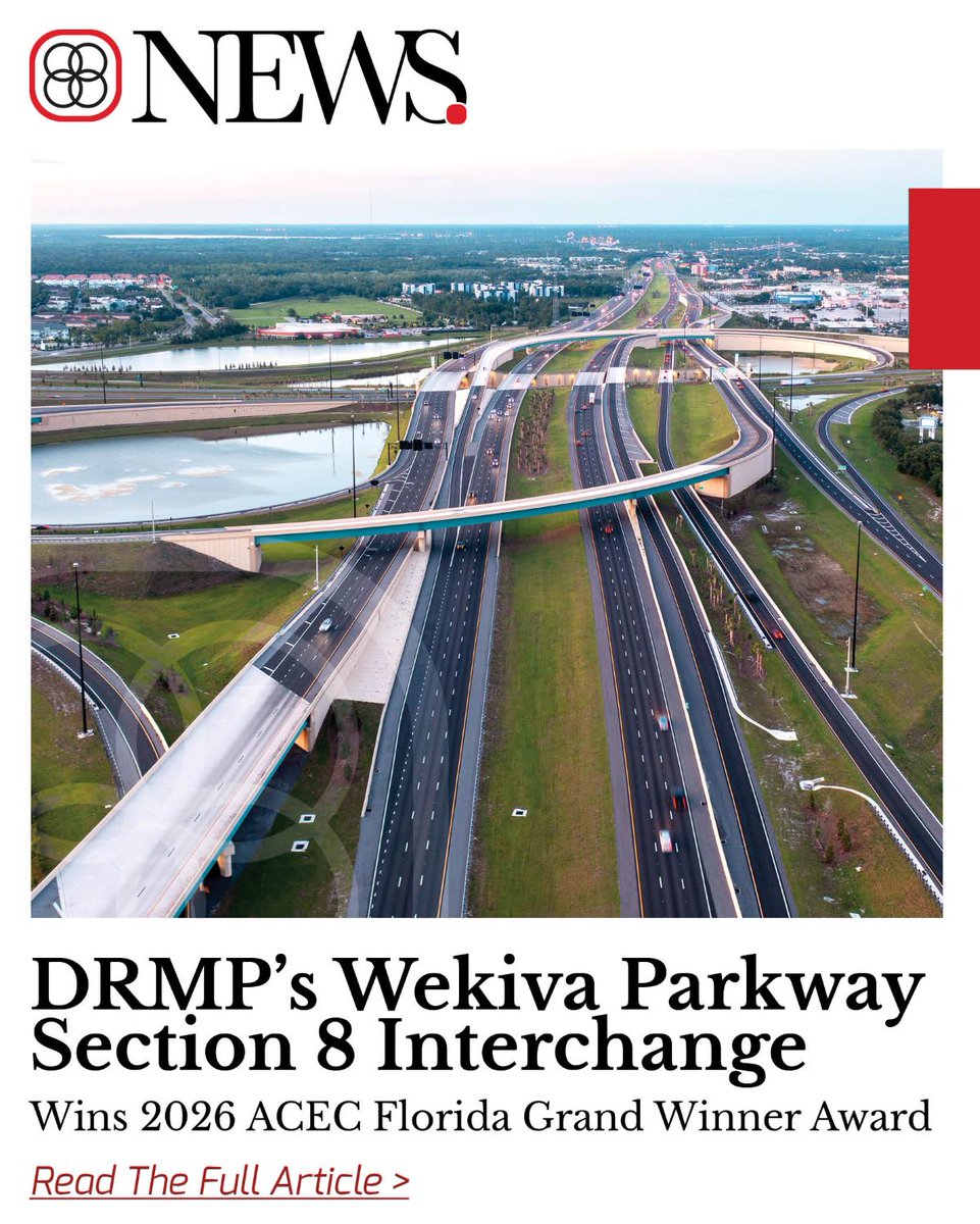 Wekiva Parkway Section 8 has been named a 2026 ACEC Florida Engineering Excellence Awards Grand Winner in Transportation. The award celebrates the strong partnership that delivered an innovative project improving mobility across Central Florida. drmp.com/news/wekiva-pa…