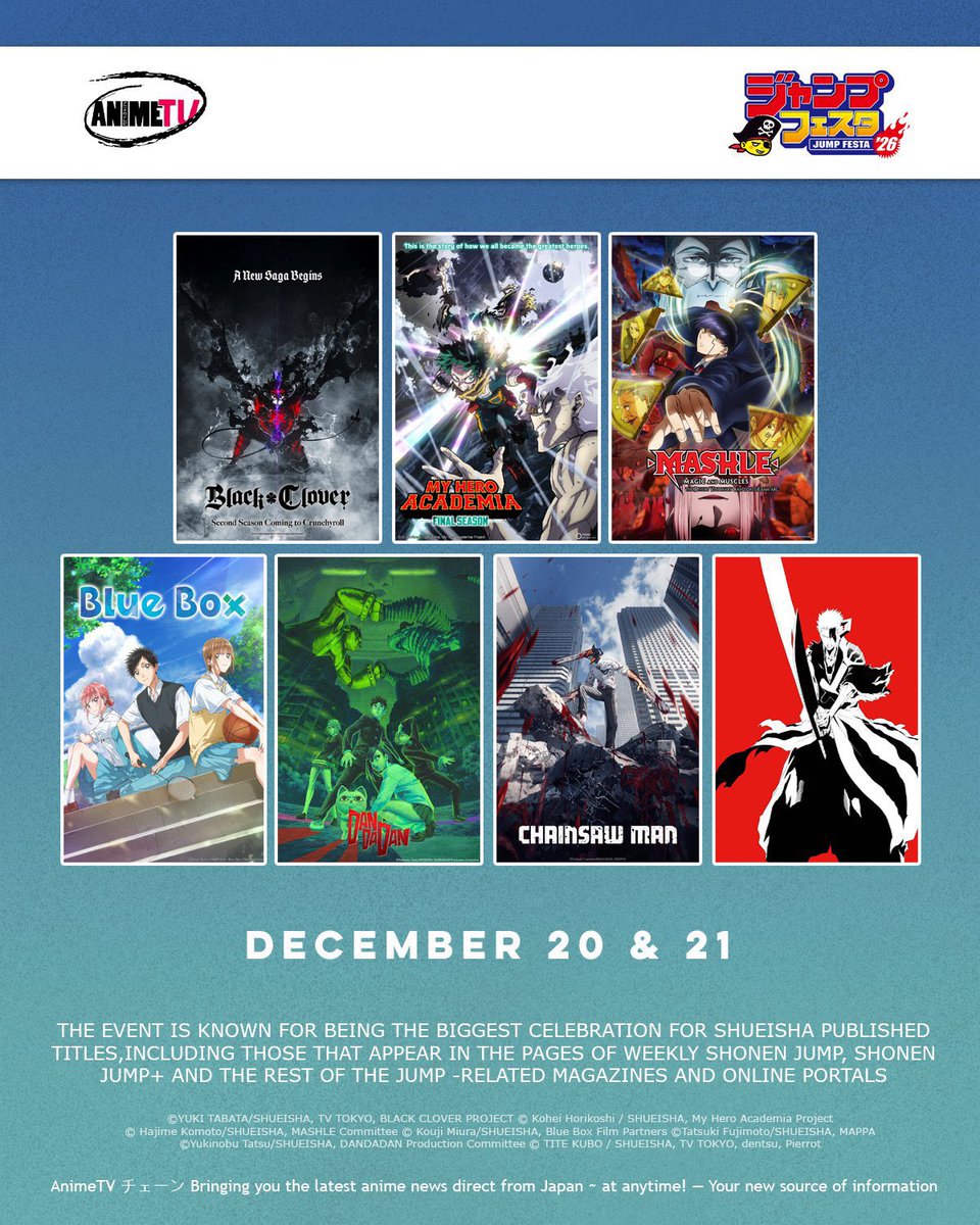 JUMP FESTA 2026 starts in 3 days! 

Activate your notifications so you don't miss any anime news here <a href="/animetv_jp/">AnimeTV チェーン</a>! 

A crazy weekend awaits you ✨👀

▼ Check the full lineup:
animetv-jp.net/news/jump-fest…