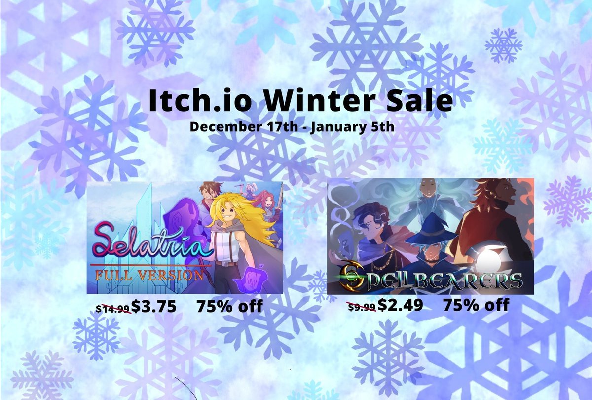 whimindie's tweet photo. The @itchio Winter Sale is here! 
You can get Selatria and Spellbearers each for 75% off or grab the bundle with both games for $5! 

Sale ends January 5, 2026

https://t.co/h0zXbQ6TJ3

#Indiegame #indiedev https://t.co/fztY3cLgxT