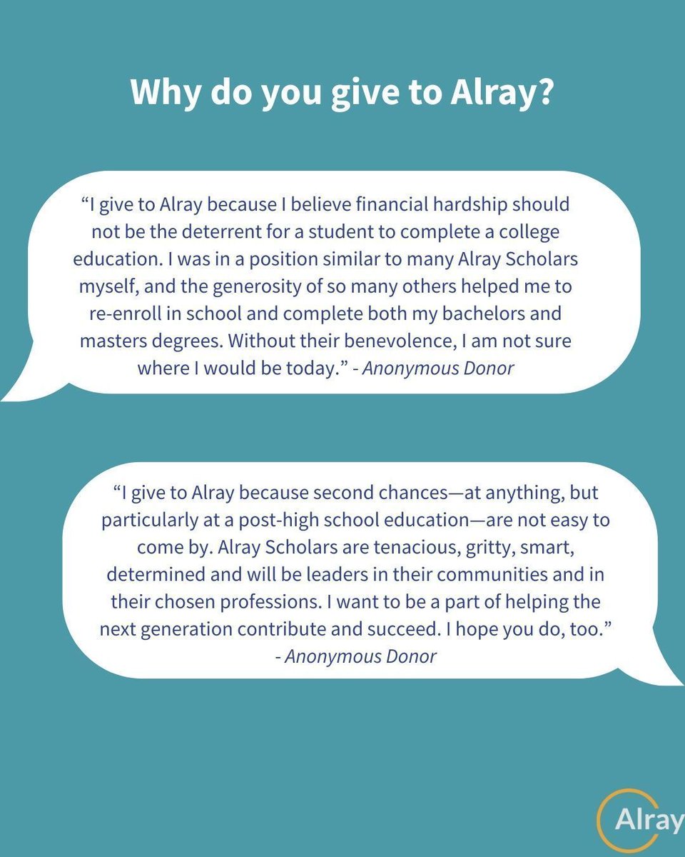 Not every supporter chooses to be seen, but every supporter believes deeply in second chances. We’re grateful for all who support Alray, publicly or quietly, and help make college completion possible for students ready for a second chance.💙 

#WhyIGive #Gratitude #DonorSpotlight