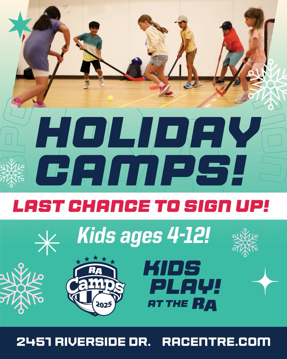 LAST CHANCE! Registration closes December 18 at 8:00pm!

Don’t miss out on Holiday Camps – non-stop winter FUN for kids ages 4-12! ⛄

Sessions are available on December 22 and 23!

Visit racentre.com/holiday-camp to sign up!