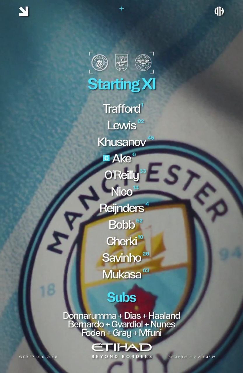 تشكيلة فريقي مانشستر سيتي و برينتفورد ضمن منافسات كأس الرابطة الليلة 