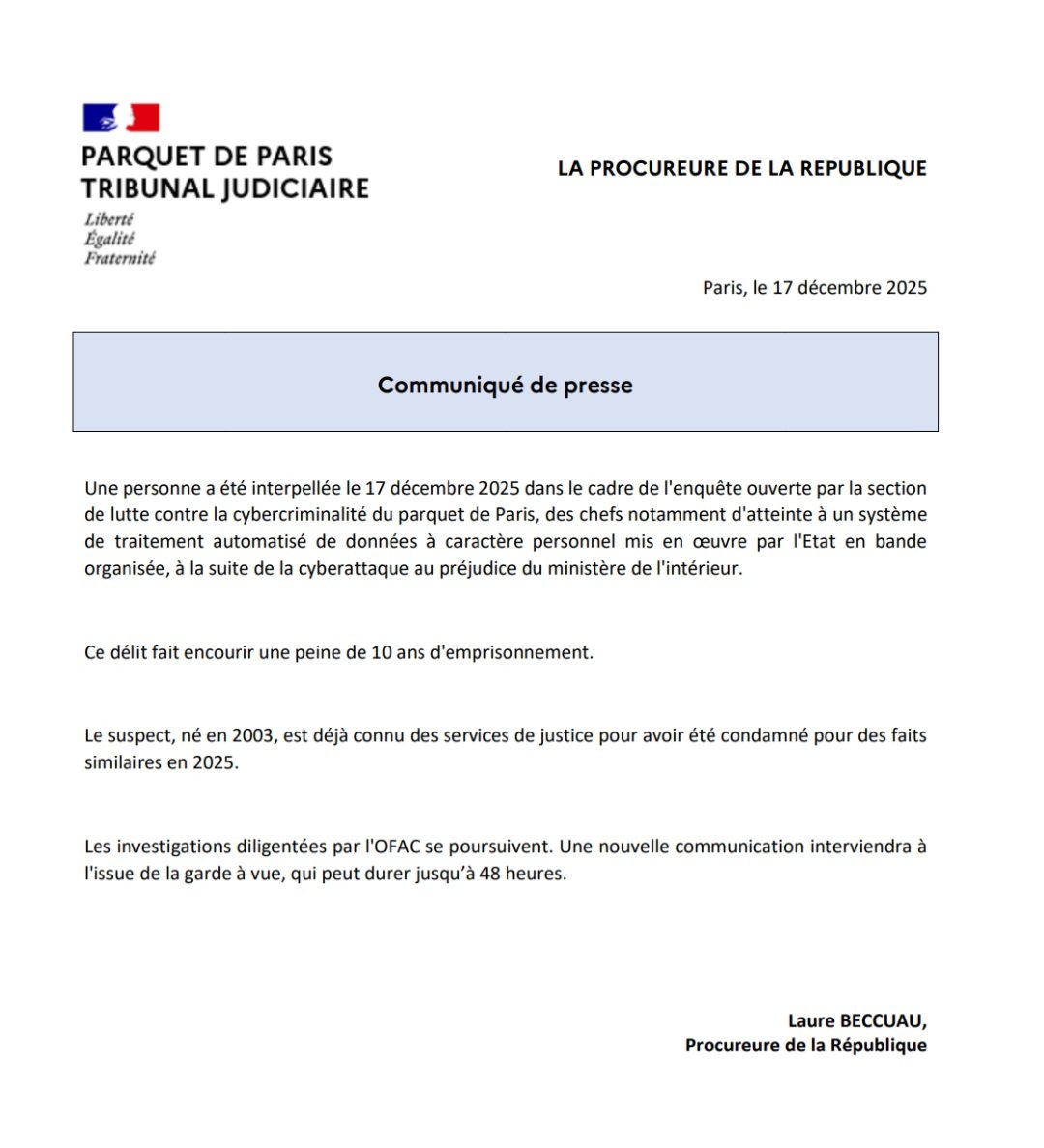 🚨🔴 Piratage Ministère de l'Intérieur : une première arrestation d'un jeune français, né en 2003, déjà connu pour d'autres faits similaires ! 

Ça va vite -comme je le disais en début d'après-midi- 

C'est le branle-bas de combat dans les milieux cybercriminels français...