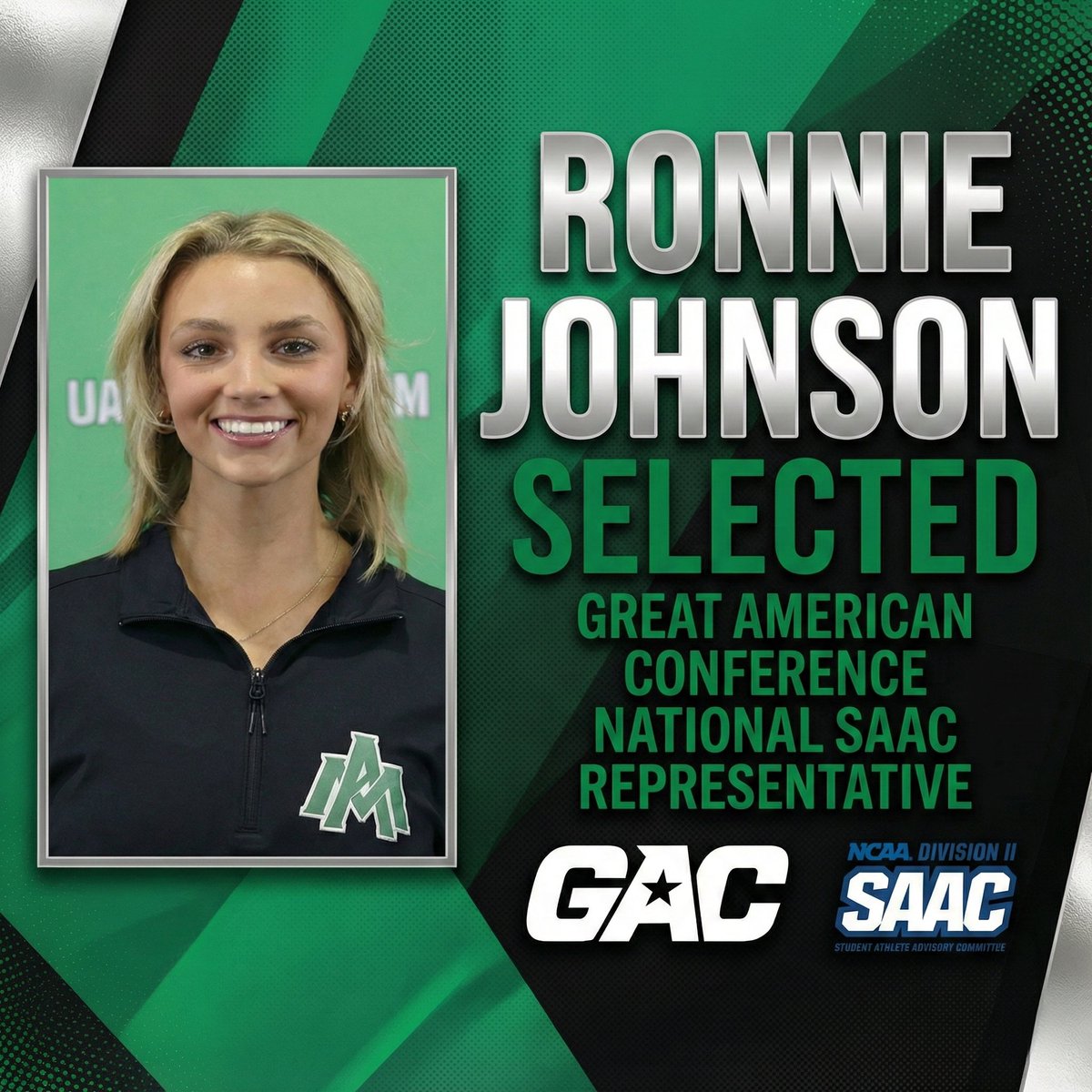 GAC_Commish's tweet image. HUGE congratulations to @uamsports junior softball player Ronnie Johnson!

She has been selected to represent the GAC on the NCAA Division II National SAAC. Her two-year term begins January 2026.