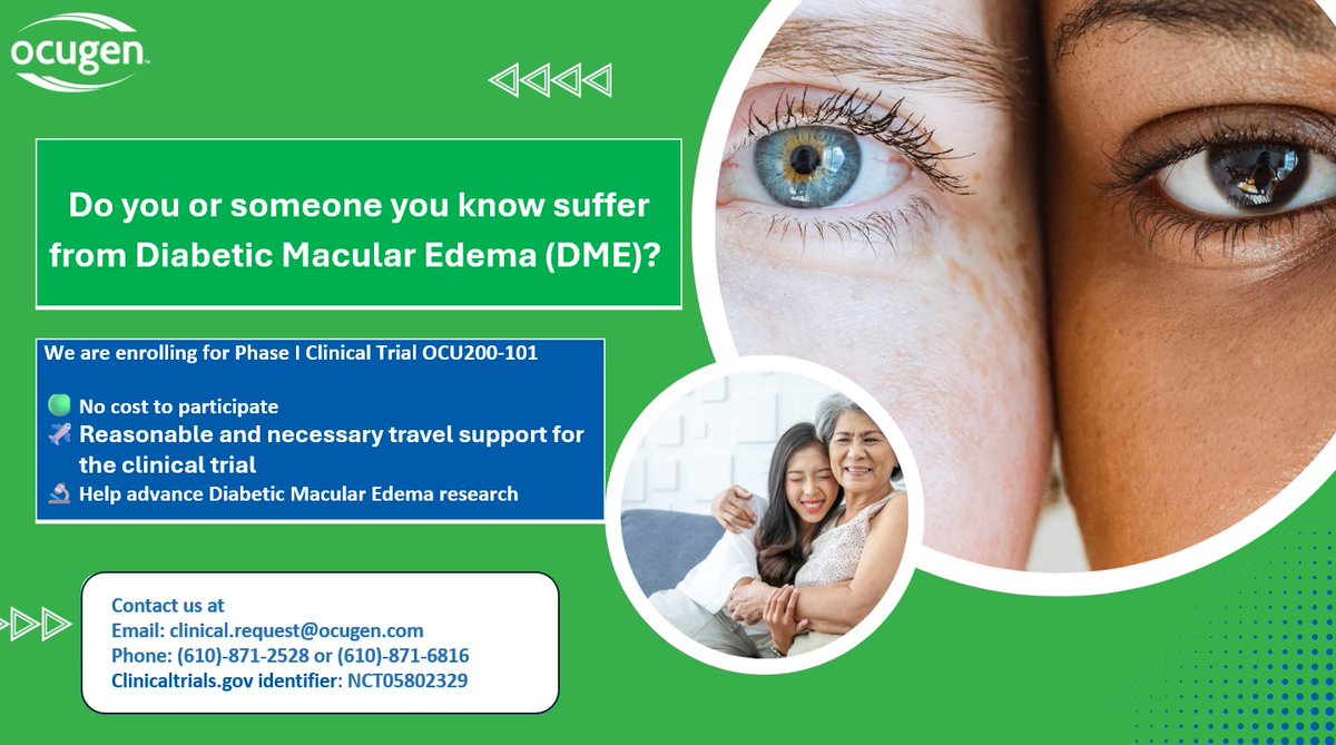 OcugenPE's tweet photo. We're enrolling patients in the U.S., ages 18+, in our Phase 1 clinical trial for #OCU200 with the potential to benefit all #DME patients, including those who do not respond to approved therapies.  

Learn more: 610-871-2528 | NCT05802329  

#Biotech #ClinicalTrial #Ocugen https://t.co/jc5tOteILZ