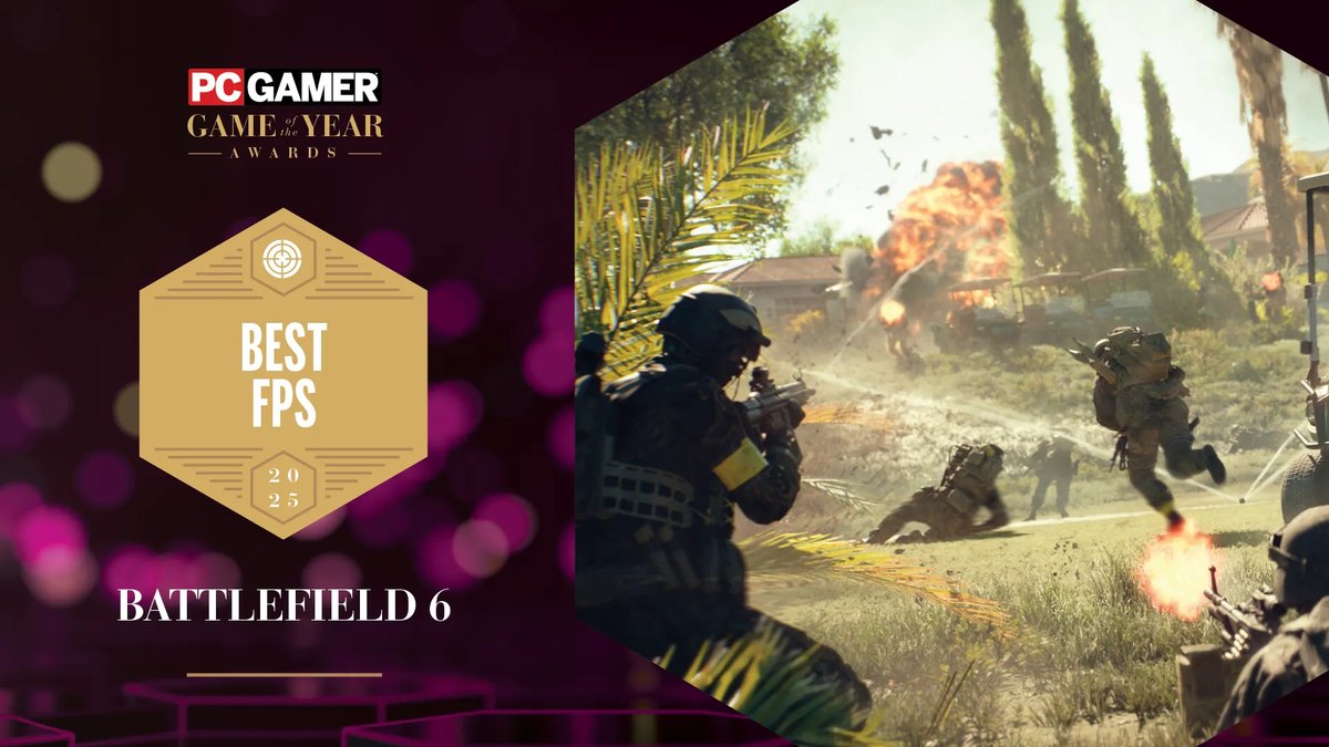 Battlefield's tweet image. Battlefield 6 takes home @pcgamer's Best FPS of 2025 🏆

You held the line with us. Thank you to our community and to PC Gamer for this win.