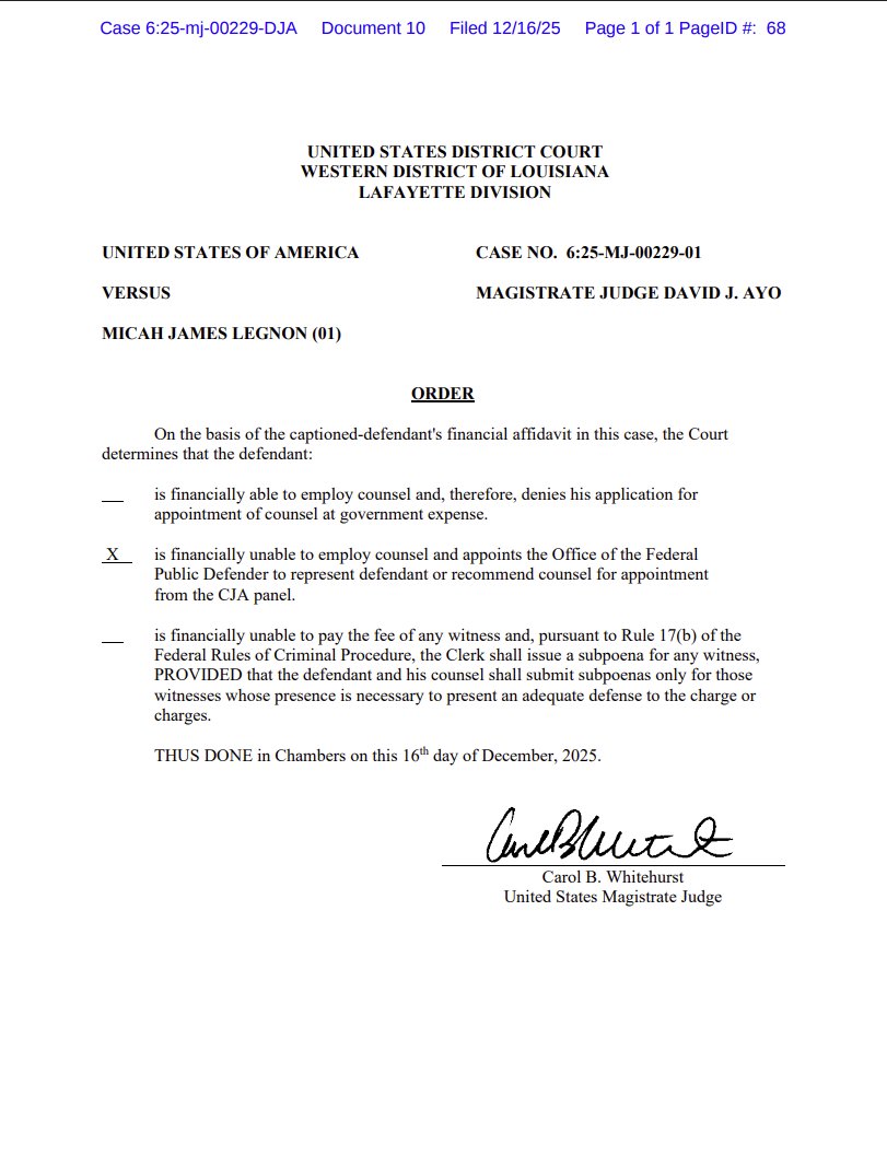 A federal judge in the Western District of Louisiana appoints a public defender to represent Micah Legnon.  <a href="/FOX8NOLA/">FOX 8 New Orleans</a> 
fox8live.com/2025/12/16/lou…