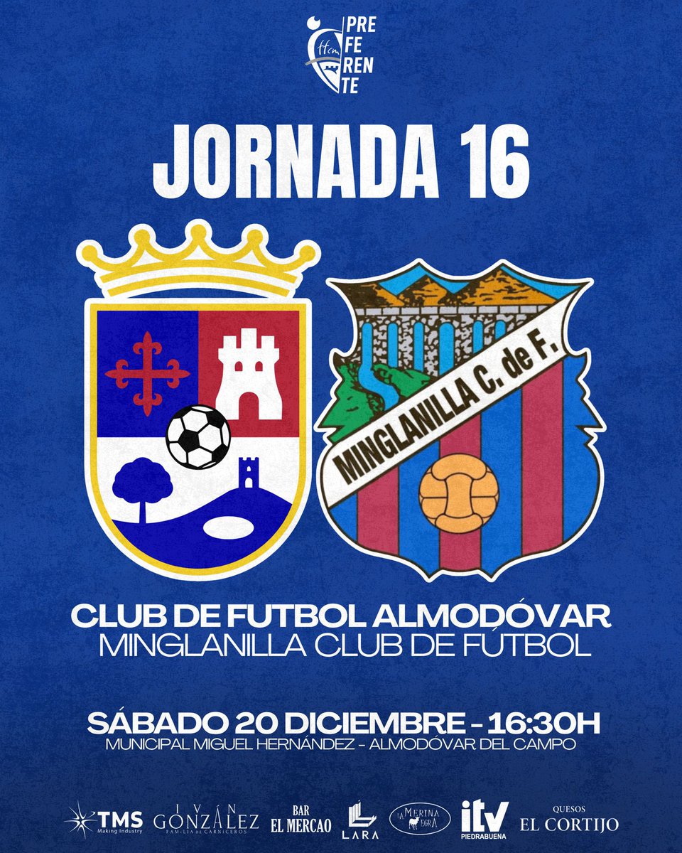 🏃𝐏𝐑𝐄𝐅𝐄𝐑𝐄𝐍𝐓𝐄

🏆 Jornada 16
🆚 Minglanilla CF
🗓️ 20 Diciembre
⏰ 16:30H
🏟️ Miguel Hernández
🏠 Almodóvar del Campo

🪪 Socios: Gratis

🎟️ Entradas

👨🏻 Adulto - 8€
🧒🏻 Menores de 18 años - 5€