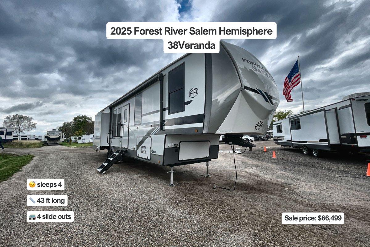 Your fifth wheel era starts now.

New 2026 Forest River Campsite Elite 32 BAM
Used 2022 Prime Time Crusader 335RLP
Used 2018 DRV Luxury Suites 36RSSB3
New 2025 Forest River Salem Hemisphere 38Veranda