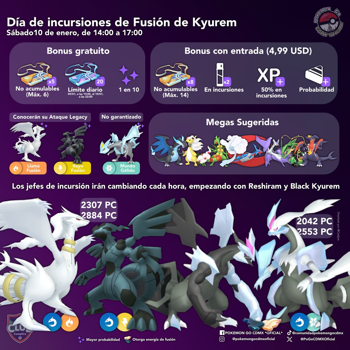 Entrenadores, les compartimos la infografía con lo más destacado del primer Día de Incursiones del 2026, con Reshiram, Zekrom y las fusiones de Kyurem 🔥⚡️🧊🐲

¿Emocionados por el regreso de las fusiones? Los leemos ✨🙂‍↔️

Diseñado por: <a href="/Cadipia_Oficial/">Cadipia</a> 

#Pokemon,