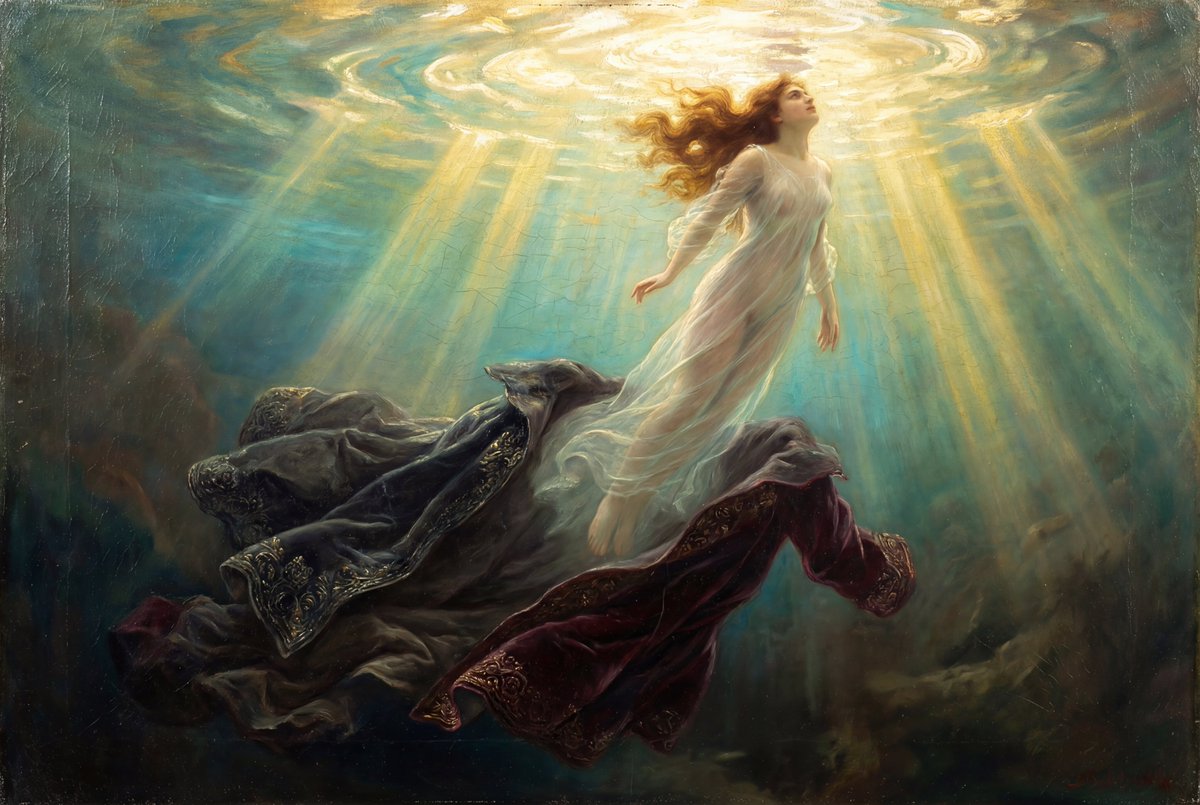 bensudesahin's tweet image. The Ascent to Grace

prompt:

{
  "art_medium": "Late 19th Century Symbolist Oil Painting on canvas. The technique relies heavily on 'glazing'—applying thin, transparent layers of oil paint to create the illusion of deep, shimmering water and translucent fabric. The surface must…