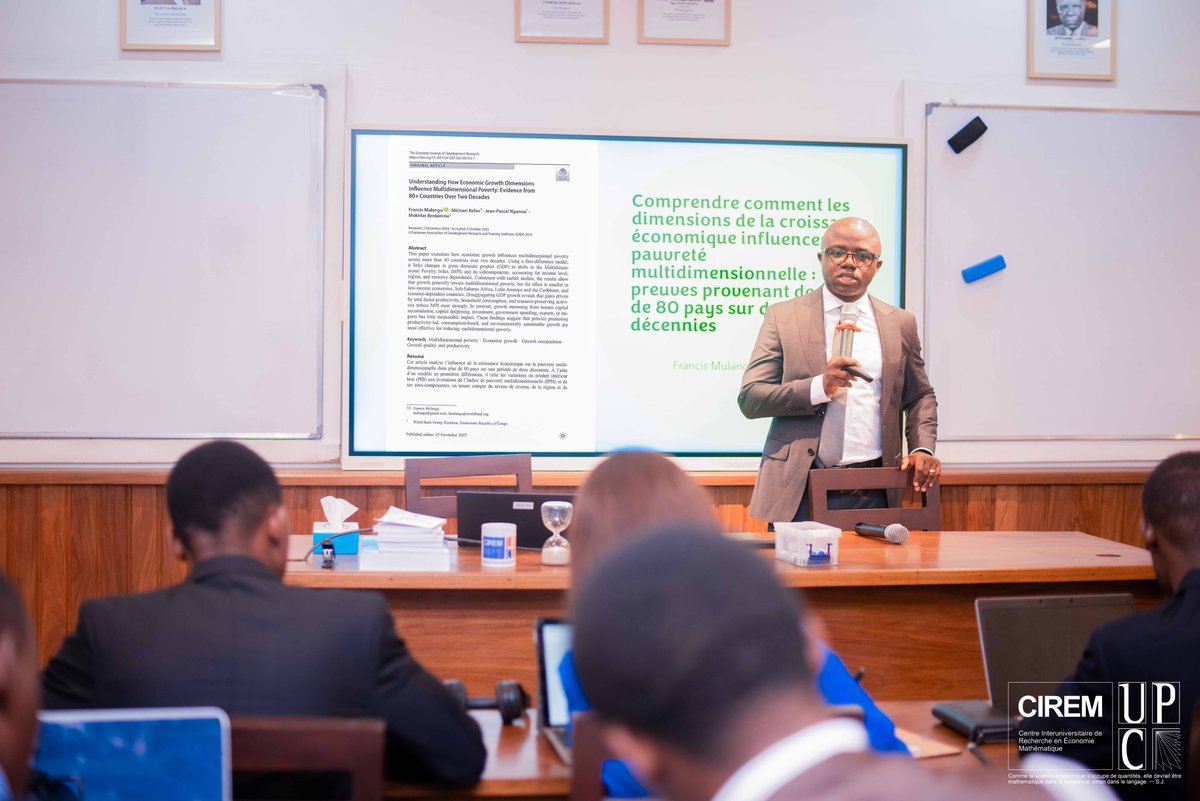 CIREMath's tweet image. Ce mercredi 17 décembre 2025, le CIREM a eu l’honneur d’accueillir M. Francis Mulangu, économiste senior et statisticien à la Banque mondiale, dans le cadre d’un atelier interne consacré à l’analyse des liens entre la croissance économique et la pauvreté multidimensionnelle.…