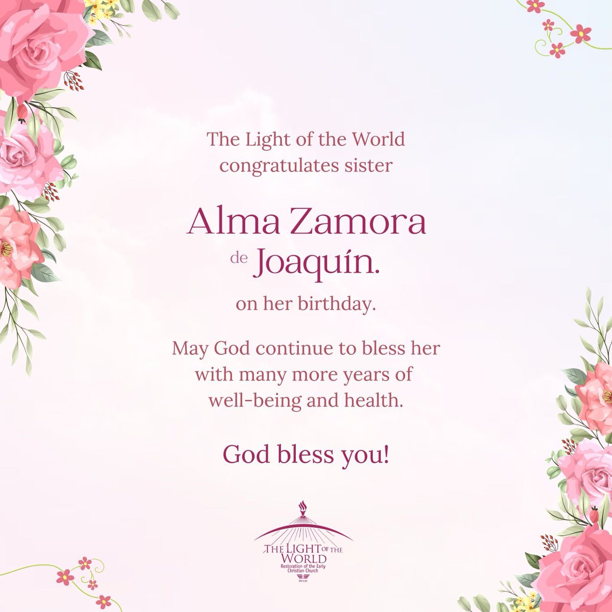 tlotwchurch's tweet photo. Happy birthday, Sister Alma Zamora de Joaquín.

We ask God to continue strengthening you and to preserve your health.

May God bless you!

#HappyBirthday https://t.co/vOZfptohxk