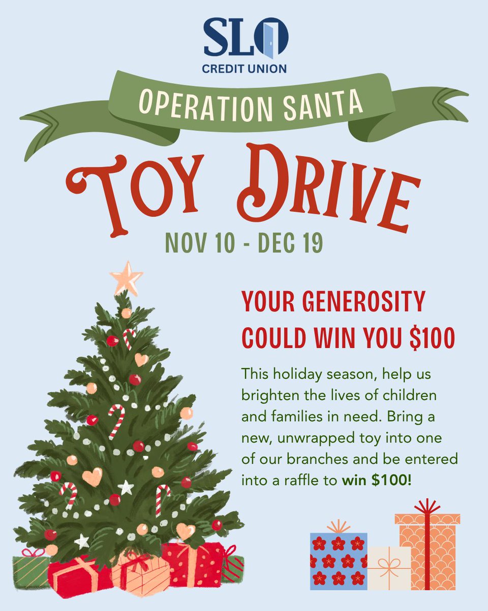 We're collecting new, unwrapped toys to brighten the holidays for youth right here at SLO Credit Union. Every donation helps remind a child that their community cares. Drop off your gift at our branch and be entered into a raffle to win $100! Invest in kindness &amp; spread joy 💫🌲