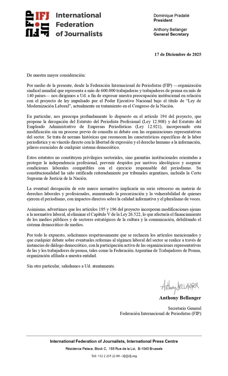 FIP_AL's tweet image. #Argentina🇦🇷: la Federación Internacional de Periodistas, a través de su secretario general @abellanger49, se dirigió mediante una carta a lxs senadorxs nacionales que comenzarán a tratar la ley de reforma laboral que podría eliminar el Estatuto del Periodista ⬇️