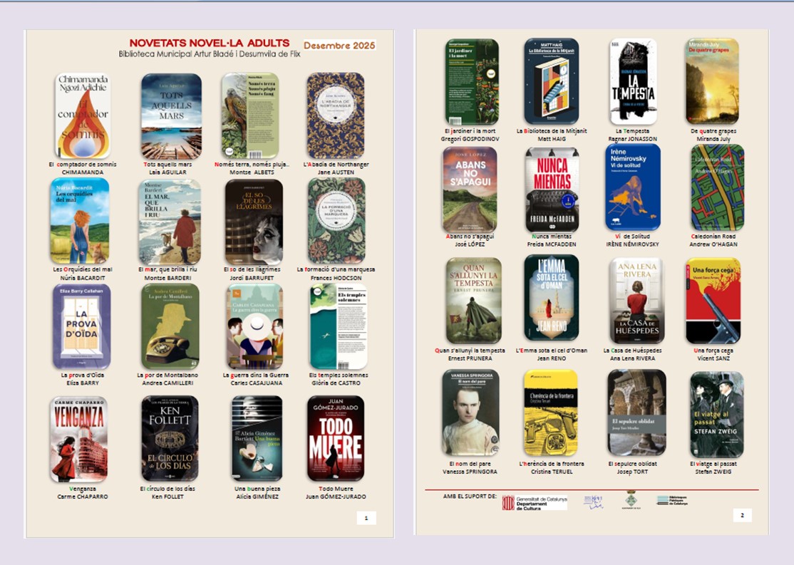 🌟𝑵𝒐𝒗𝒆𝒍•𝒍𝒆𝒔 𝒒𝒖𝒆 𝒊𝒍•𝒍𝒖𝒎𝒊𝒏𝒆𝒏 𝒍𝒆𝒔 𝒇𝒆𝒔𝒕𝒆𝒔📚
Nadal, temps de retrobaments, de calma i també de bones lectures. A la biblioteca  tenim preparades les últimes novetats. Vine a buscar-les .Estaran a la vostra disposició dijous 18 de desembre
#novetats