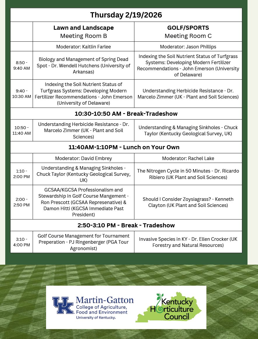 The schedule for the 49th Annual Turf and Landscape Short Course has been finalized! I'm very excited about the line up of speakers and topics coming in 2026.  You can register for this event here: …kyhorticulturecouncil.ticketspice.com/2026kyturf-lan…
