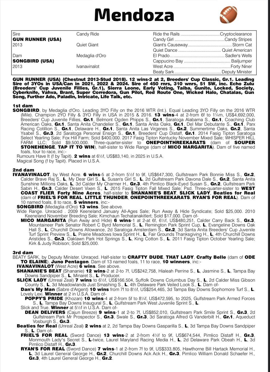 TomRyanKY's tweet image. Now Named:

MENDOZA 🏈@HeismanTrophy

Fernando Mendoza is a star in the world's most American sport. An incredibly talented young man who can inspire millions of young @NFL fans.

I had been searching for a name for our Gun Runner colt out of champion SONGBIRD. When I watched…