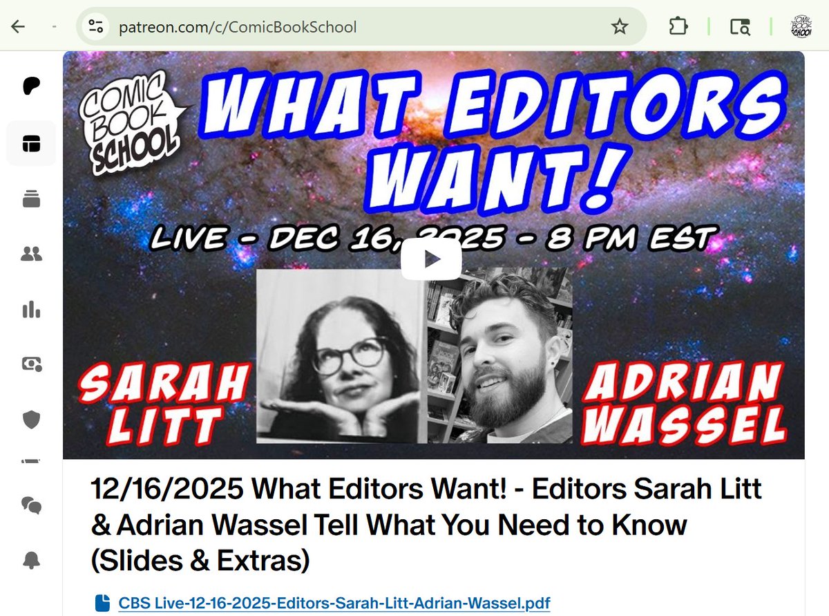 "What Editors Want" with Sarah Litt of <a href="/AhoyComicMags/">AHOY Comics</a> &amp; Adrian Wassel of <a href="/thevaultcomics/">Vault Comics</a> are now available.

Watch video replay &amp; download slides on our free Patreon page.

patreon.com/posts/12-16-20…

#comicbookschool <a href="/DeannaDestito13/">Deanna Destito</a> <a href="/FAS0L0/">Fasolo</a>