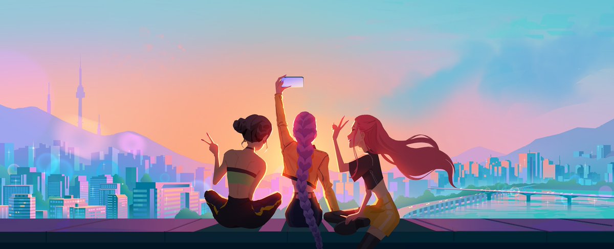 lulusketches's tweet photo. vis dev painting I made for #kpopdemonhunters back in 2023, just experimenting with a cityscape palette #huntrix #visdev https://t.co/2RplrQ5oPt