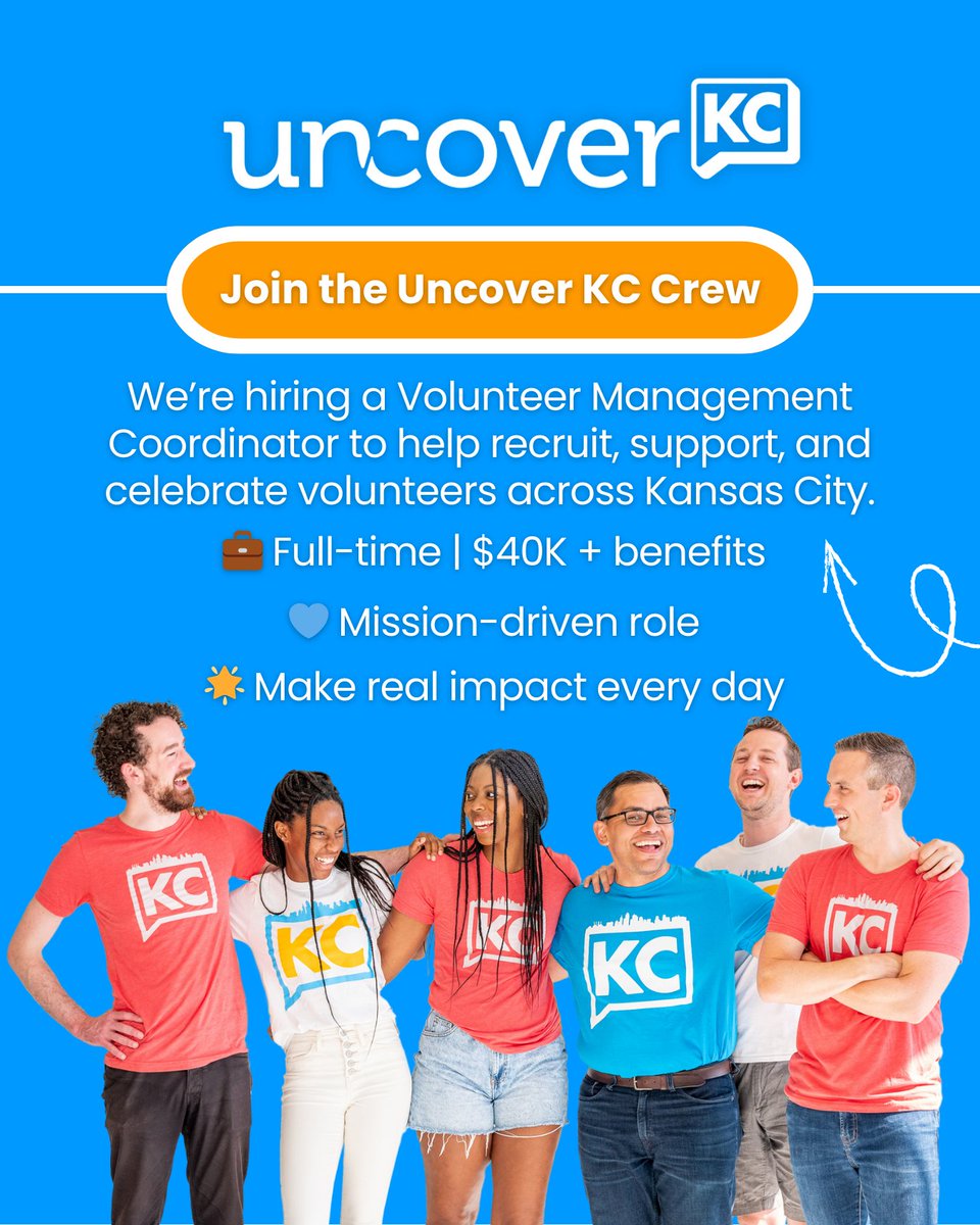 Do you love building community and helping nonprofits shine? Great! You might be our new Volunteer Management Coordinator. If you’re ready to grow, lead, and make a meaningful difference in KC, we’d love to meet you. Just send your cover letter and resume to info@uncoverkc.org.