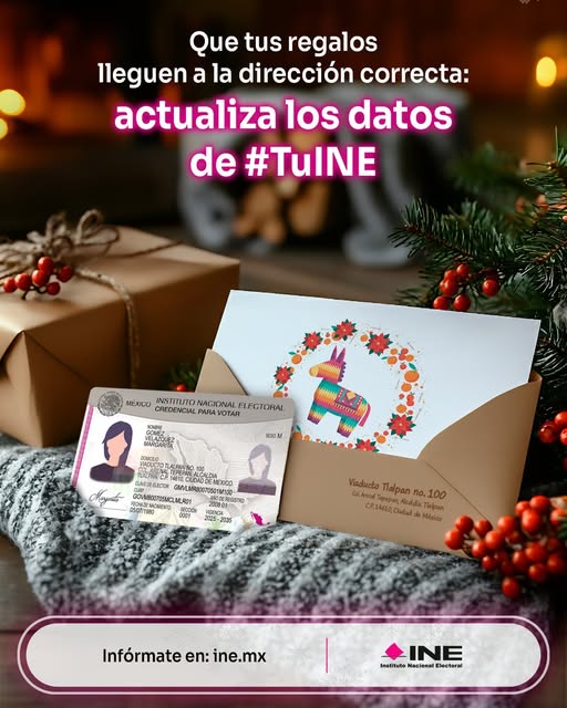 🧭 ¿Cambiarás de domicilio en temporada navideña?​ Actualiza #TuINE 🪪 y asegúrate de que tus seres queridos lleguen a la cena en tu nueva casa.​
Ubica tu módulo más cercano en👉 ubicatumodulo.ine.mx​ o llama a INETEL: 800 433 2000. 📱