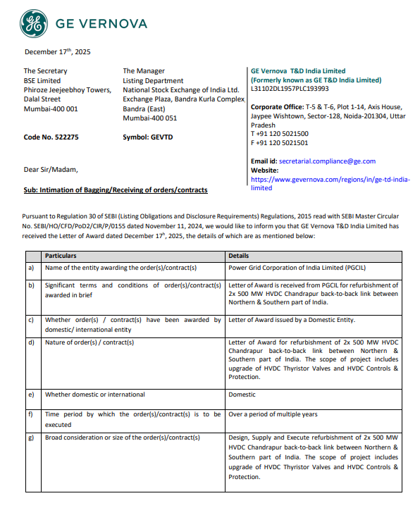 alkeshthakkar's tweet image. DATED : 17/12/2025

#GVT&amp;amp;D - 2970.30

we would like to inform you that GE Vernova T&amp;amp;D India Limited has received the Letter of Award dated December 17h , 2025