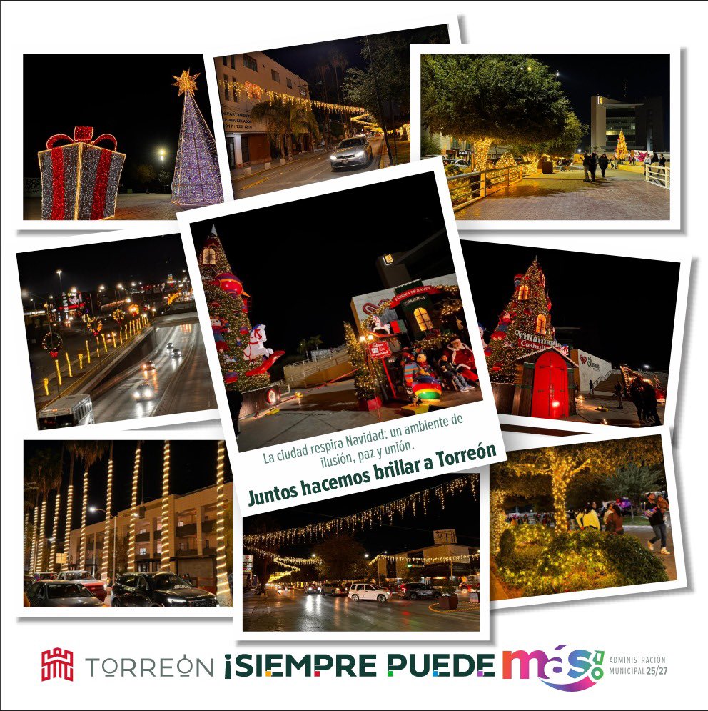En esta temporada decembrina, #Torreón brilla con su decoración e iluminación navideña en calles, avenidas y plazas de la ciudad. Los invito a recorrerla y disfrutarla en familia. #TorreónSiemprePuedeMás 👊 #CoahuilaPaDelante