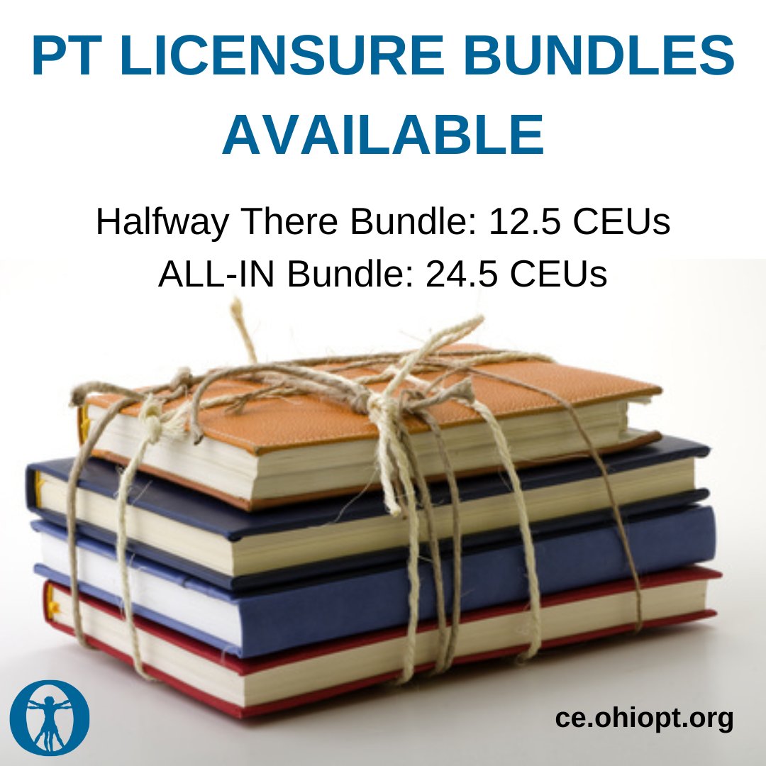 Ohio_PT's tweet image. Save money on CEUs with a bundle from OPTA! These bundles include our most popular topics, all approved for CEUs in Ohio.

Halfway There bundle, 12.5 CEUs: ce.ohiopt.org/?pg=semwebcata…
ALL-IN bundle, 24.5 CEUs: ce.ohiopt.org/?pg=semwebcata…