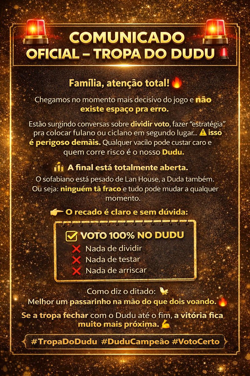 🚨🚨🚨🚨🚨🚨🚨🚨🚨🚨🚨
#DuduCampeão 🏆 #AFazenda17 

👇👇👇👇👇👇👇👇👇👇👇