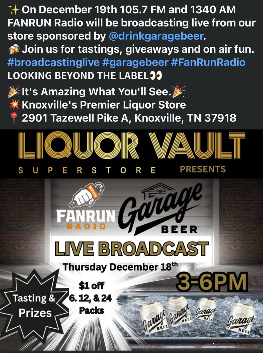 We are LIVE tomorrow at the new Liquor Vault Superstore on Broadway and Tazewell Pike in North Knox! Presented by <a href="/drinkgaragebeer/">Garage Beer</a> Come get stocked up for Christmas and the #CFBPlayoff