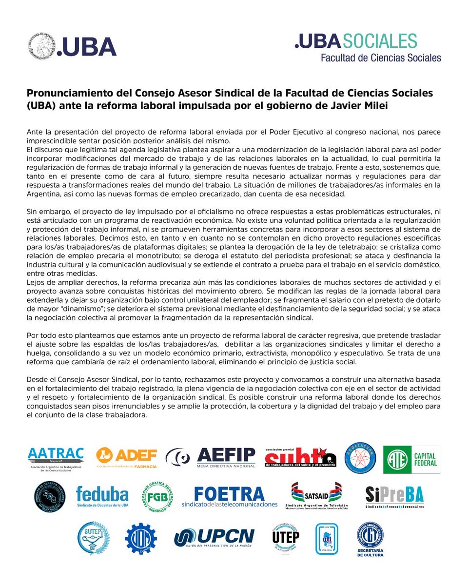ubasociales's tweet photo. 📢Pronunciamiento del Consejo Asesor Sindical de #FSOC ante la reforma laboral impulsada por el Gobierno Nacional. 👇 https://t.co/idQ7MCGdJn