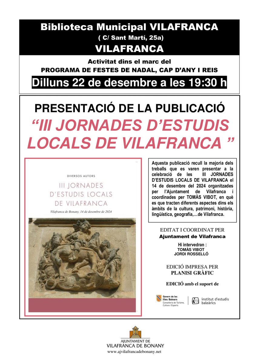 El proper dilluns es presenta la publicació de les III JORNADES D’ESTUDIS LOCALS de Vilafranca. Hi vaig participar amb 3 comunicacions:
- RECULL DELS MALNOMS 
MÉS HABITUALS DEL SEGLE XX
A VILAFRANCA DE BONANY 
- LA MORT DE NA MARGALIDA SANTA.
- PERE JOSEP FIOL JUAN, de Sant Martí