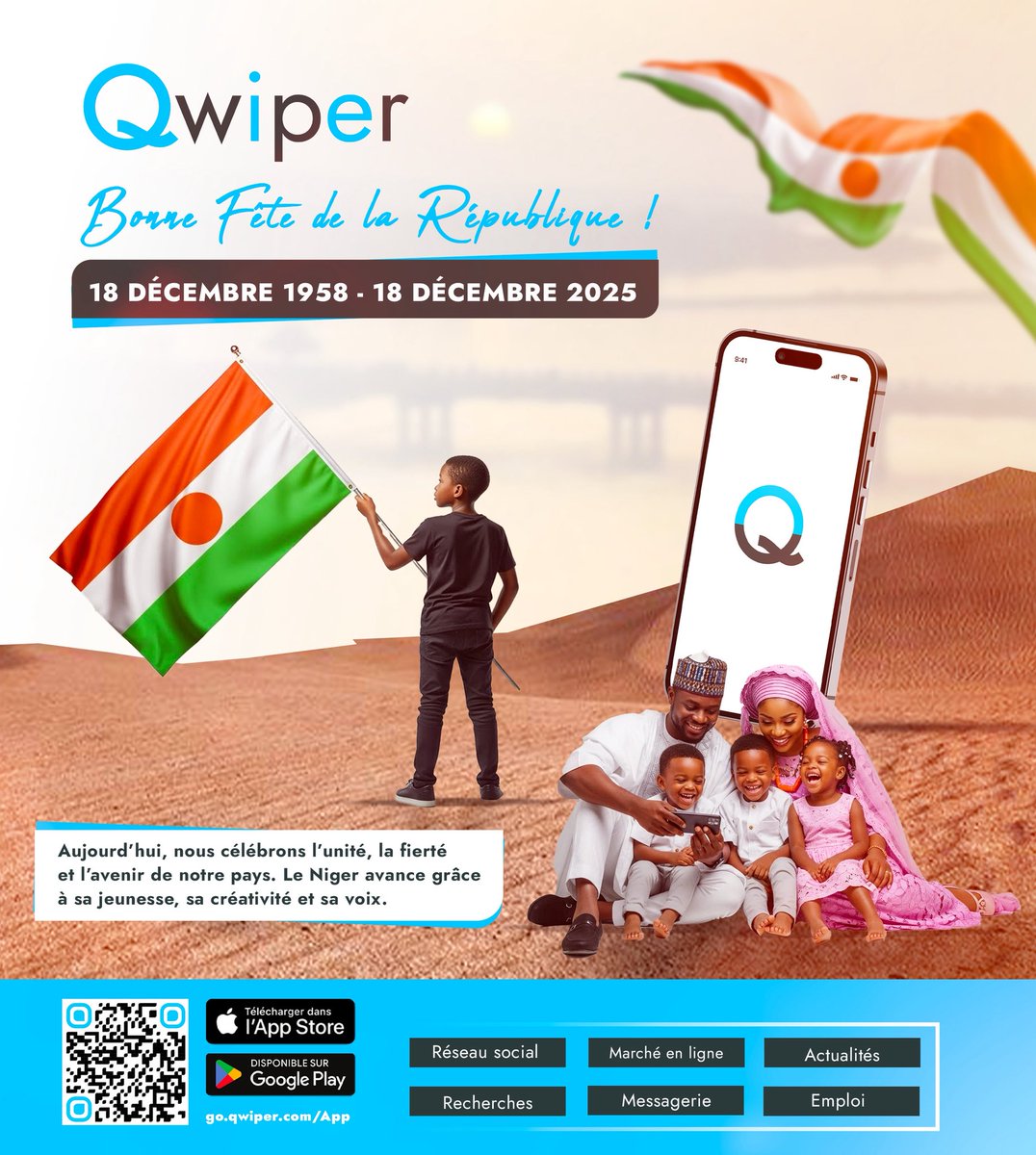 18 décembre 🇳🇪
Et si on célébrait le Niger… ensemble ?

📲 Télécharge Qwiper maintenant 
et fais partie du mouvement.

Bonne fête de la République 🇳🇪