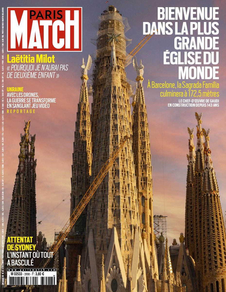 La mítica revista "Paris Match" publica avui el seu número setmanal amb aquest titular:

"Benvinguts a l'església més gran del món.
A Barcelona, la Sagrada Família culminarà a 172,5 metres" ⭐️

Aquest pròxim any 2026 serà arquitectònicament intens...