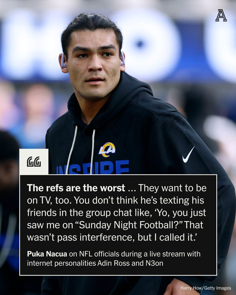 TheAthletic's tweet photo. Los Angeles Rams wide receiver Puka Nacua has an issue with NFL referees.

Nacua criticized NFL officiating on a live stream with popular streamers Adin Ross and N3on. https://t.co/iIpQ57DSZQ