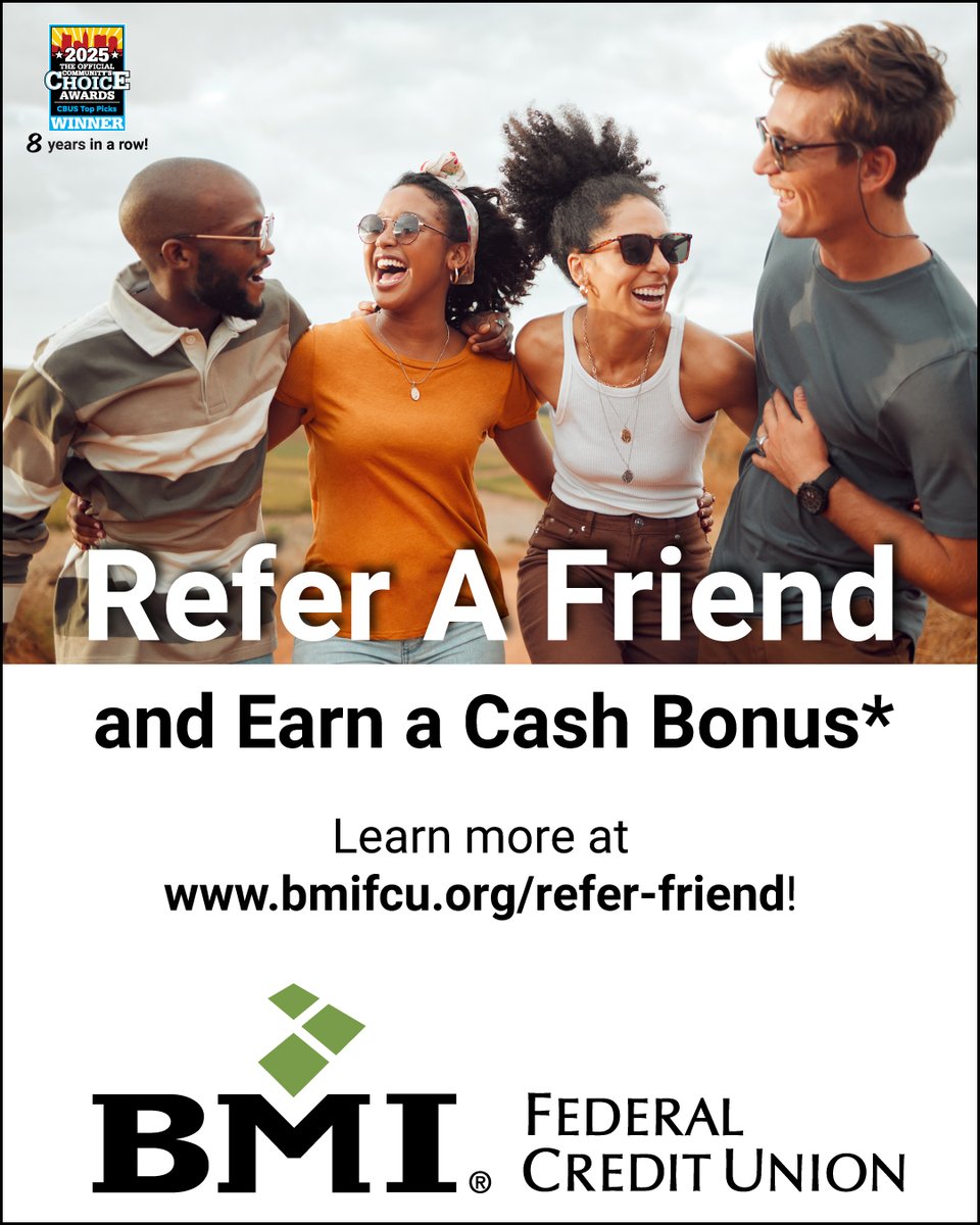 Earn a $200 cash bonus* for yourself and a $300 cash bonus* for a friend when you refer them to join BMI Federal Credit Union! *Visit bmifcu.org/refer-friend for more details. #BMIFCU